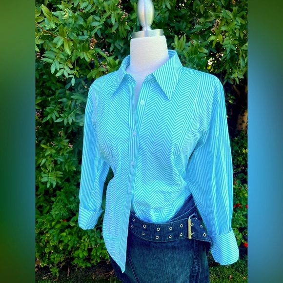 TALBOTS- Aqua Blue & White Button Down Shirt - Picture 6 of 7